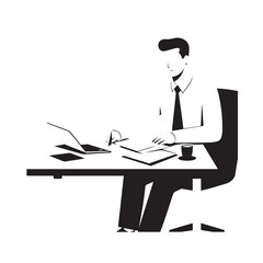 Black and white line art of a hardworking man at office desk with laptop and documents minimalist illustration