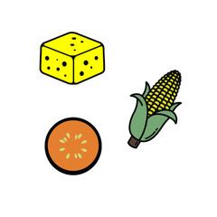 vector illustration of cheese, corn, and a slice of carrot isolated on white background