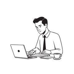 Black and white line art of a hardworking man at office desk with laptop and documents minimalist illustration