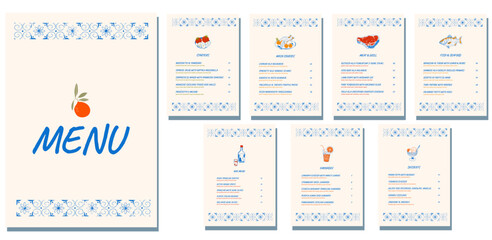 Elegant Italian and Mediterranean restaurant menu template in A4 format with decorative blue ornaments and food illustrations. Includes sections for starters, main courses, meat, fish, desserts, lemon