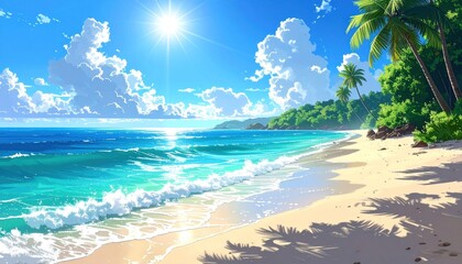 Fototapeta premium Tropical Sandy Beach with Turquoise Water and Palm Trees Under Bright Sunny Sky