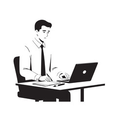 Black and white line art of a hardworking man at office desk with laptop and documents minimalist illustration