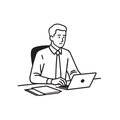 Black and white line art of a hardworking man at office desk with laptop and documents minimalist illustration