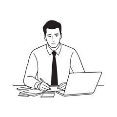 Black and white line art of a hardworking man at office desk with laptop and documents minimalist illustration