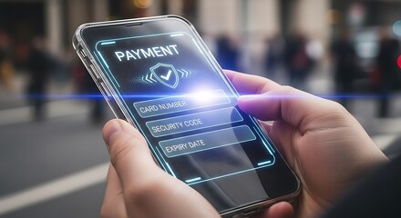 Closeup of a person using a mobile phone to make a payment, showcasing the convenience and security of digital transactions in modern urban life, with blurred background