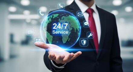 Businessman holding virtual globe with 247 service icons, representing global support, customer assistance, and worldwide availability for business solutions and communication