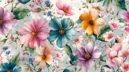 Watercolor floral pattern colorful blooms and leafy sprigs on a pale, speckled backdrop