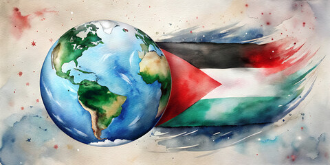 Earth with Palestine flag in watercolor art representing recognition  