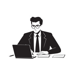Black and white line art of a hardworking man at office desk with laptop and documents minimalist illustration