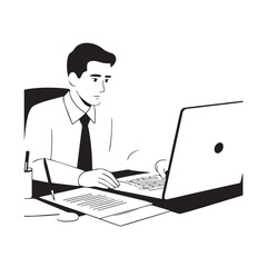 Black and white line art of a hardworking man at office desk with laptop and documents minimalist illustration