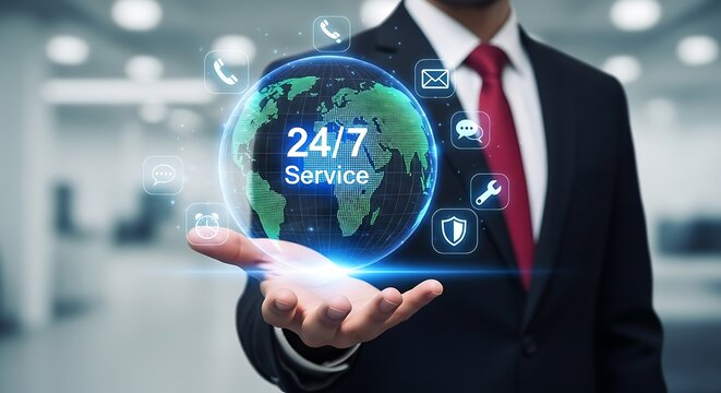 Businessman holding virtual globe with 247 service icons, representing global support, customer assistance, and worldwide availability for business solutions and communication
