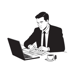 Black and white line art of a hardworking man at office desk with laptop and documents minimalist illustration