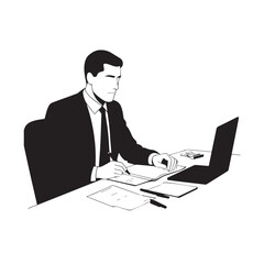 Black and white line art of a hardworking man at office desk with laptop and documents minimalist illustration