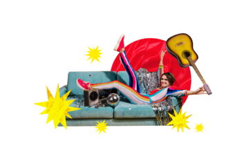 Creative collage picture young cheerful woman hipster clubber guitarist acoustic instrument couch lying relaxation party disco