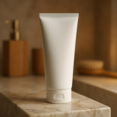 Luxury Wooden-Style Bathroom CGI with Facewash Tube on Marble Shelf