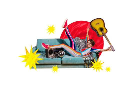 Creative collage picture young cheerful woman hipster clubber guitarist acoustic instrument couch lying relaxation party disco