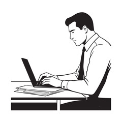 Black and white line art of a hardworking man at office desk with laptop and documents minimalist illustration