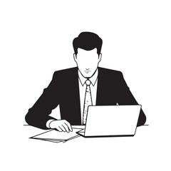 Black and white line art of a hardworking man at office desk with laptop and documents minimalist illustration
