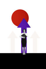 Fototapeta premium Composite trend artwork sketch 3D photo collage of&nbsp;copyspace analyze graphics charts huge arrow up success young woman stand hold suitcase