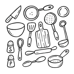 &ldquo;Kitchen utensils line icon set, outline style cooking tools collection with pan, knife, whisk, spatula, ladle, and bowl, modern vector illustration&rdquo;