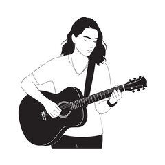 Obraz premium Black and white line art of a cool woman playing guitar in casual outfit minimalist stylish illustration 