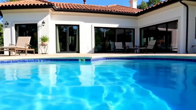 Modern house with pool, featuring large windows and patio furniture
