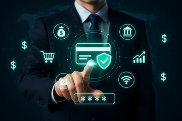 Business executive accessing digital secure payment system financial banking innovation transaction technology credit card money e commerce protection corporate success business strategy 