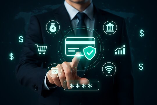 Business executive accessing digital secure payment system financial banking innovation transaction technology credit card money e commerce protection corporate success business strategy 