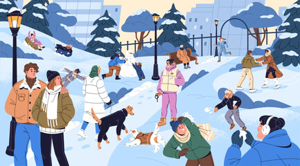 People are in winter park. Couples are walking, kids play snowballs, make snowman, ride tubing on snow on Christmas holiday. Happy families have fun, ice skating in outdoors. Flat vector illustration.