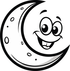 Black and white outline of a crescent moon, cartoon clipart.