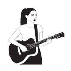 Black and white line art of a cool woman playing guitar in casual outfit minimalist stylish illustration
