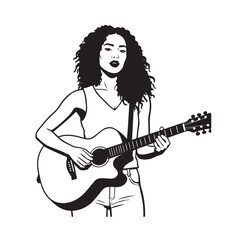 Black and white line art of a cool woman playing guitar in casual outfit minimalist stylish illustration
