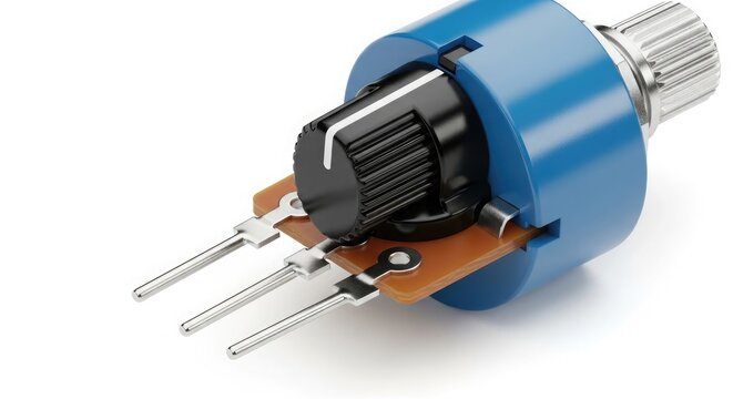 Close up of a blue potentiometer with a black knob