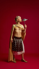 Man in toga holding fish on fork with comic expression. Concept of food branding, social media...