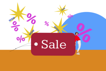 Composite photo collage of astonished girl stand tag promo black friday offer consumerism percent cheap isolated on painted background