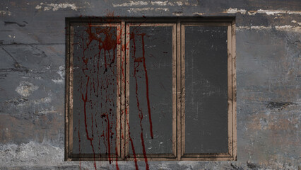 View of an old wooden window on the grungy wall with splatters of blood drops, blood splashes, or blood spots. Mockup or Copy space. Halloween wallpaper or background
