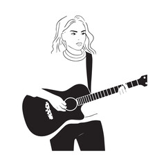 Black and white line art of a cool woman playing guitar in casual outfit minimalist stylish illustration
