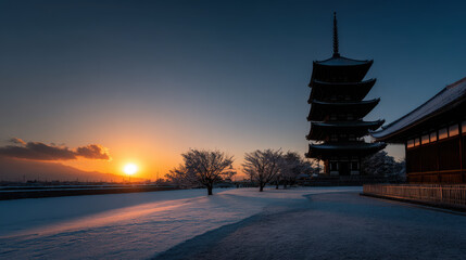 Fototapeta premium magnificent silhouette of temple stands majestically against snowcovered horizon at sunset