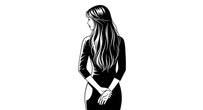 A stylized, black and white illustration of a woman with long hair, viewed from behind, showcasing contemplation and introspection.