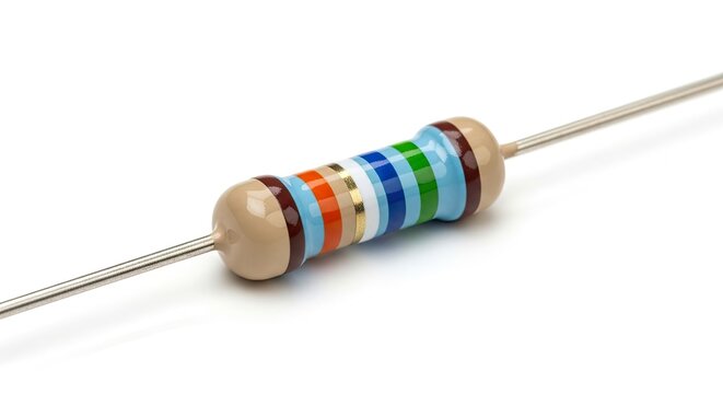 Electronic resistor with color bands on white background