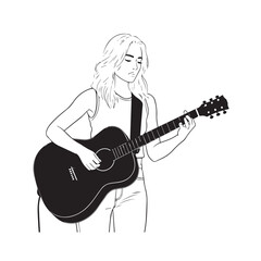 Black and white line art of a cool woman playing guitar in casual outfit minimalist stylish illustration
