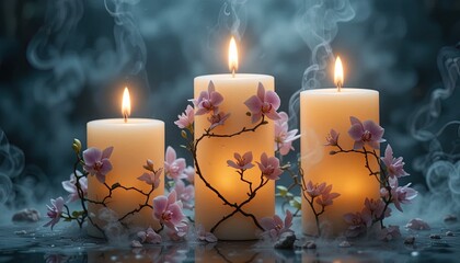 Three illuminated candles, adorned with delicate pink blossoms, stand amidst soft smoke, creating a serene and peaceful atmosphere.