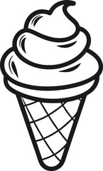 Cartoon outline of an ice cream cone side view, black and white vector.