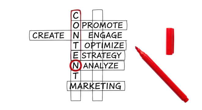 Hand-drawn black crossword puzzle with 'CONTENT' in red oval, intersecting 'MARKETING', 'STRATEGY' words on white background. Red felt-tip pen points. Strategic content planning concept