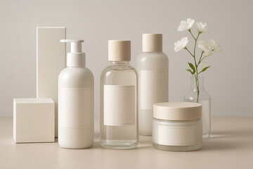 Cosmetic Product Branding with Skincare Bottles and Jars – Front View