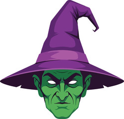 Green witch face spooky halloween character evil sorceress magic hat costume vector