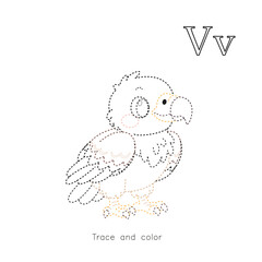 Cute vulture trace and color worksheet for kids with letter V. Educational alphabet page for preschool learning, tracing, coloring, and handwriting practice.