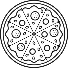 Outline of a pizza whole top view, simplified cartoon clipart.