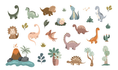 Vector set of cute dinosaurs with prehistoric elements including volcano, dinosaur eggs, trees, leaves, and plants in a playful hand-drawn style © Mariana