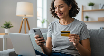 Fototapeta premium Woman Shopping Online with Smartphone and Credit Card at Home